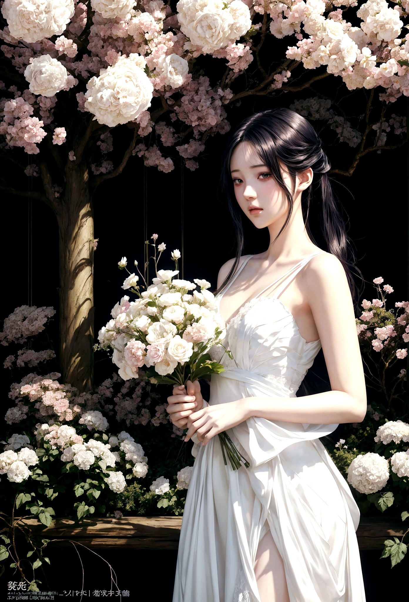 Anime girl in a white dress holding flowers in a garden, Beautiful Anime artwork, Beautiful Anime art, guweiz on pixiv artstation, Guweiz on ArtStation Pixiv, Beautiful Anime, Jan J, Beautiful artwork illustration, Beautiful Anime portrait, Gweiz-style artwork, Anime fantasy artwork, anime art wallpaper 4k