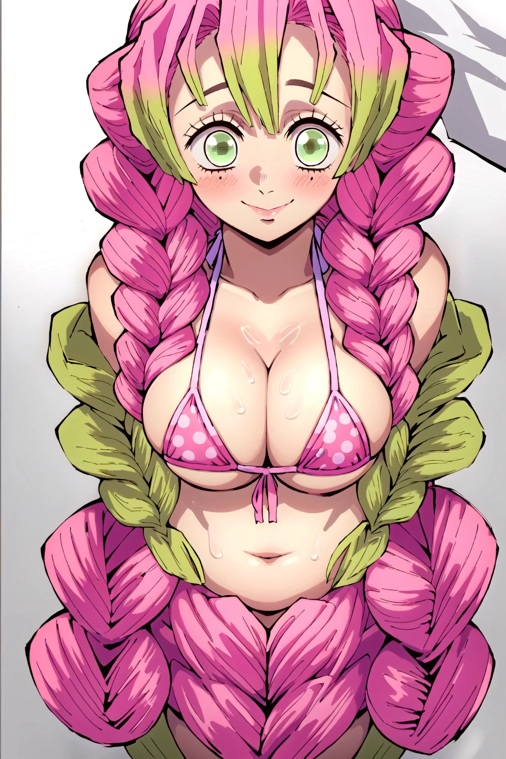 (masterpiece, best quality),  intricate details,
MitsuriKanroji,  kanroji mitsuri, 1girl, solo, long hair, winking, green eyes, pink hair, braid, green hair, twin braids, smile, cute smile, blushed smile, blush, blushing, large breast, huge breasts, bikini top, headshot, collarbone, neck, bare shoulders, pink bikini top, cleavage, in frame, peeker, top angle, shot from above, head shot, perfect shot, plain background, white background, photoshoot, complete head in frame, top of head, zoomed out, top of head,