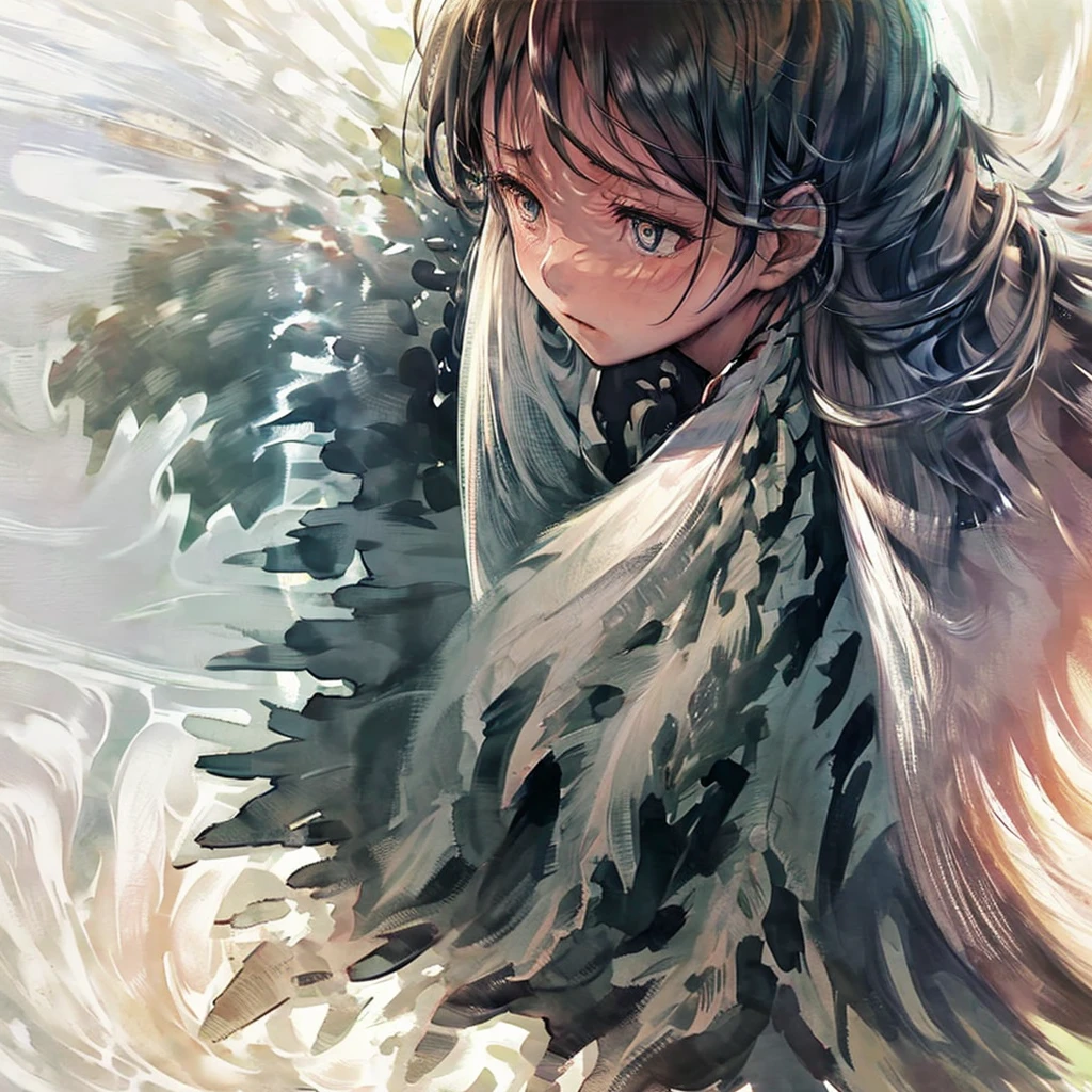 A stunning 8K digital artwork portraying a young Japanese manga girl in her twenties, embodying the essence of anguish and submission. She is depicted with intricate details, her torn clothes and black jilbab contrasting against her delicate features. Her hands are bound by heavy chains, forcing her into a position of vulnerability as she kneels on the unforgiving cobblestone ground in a traditional seiza stance. The agony in her expression is palpable, radiating defeat and helplessness. Surrounding her are onlookers, their gazes a mix of curiosity and indifference, adding to the overwhelming atmosphere of oppression and captivity. This powerful image is a striking interpretation of the intersecting themes of struggle and resilience in the world of manga art.