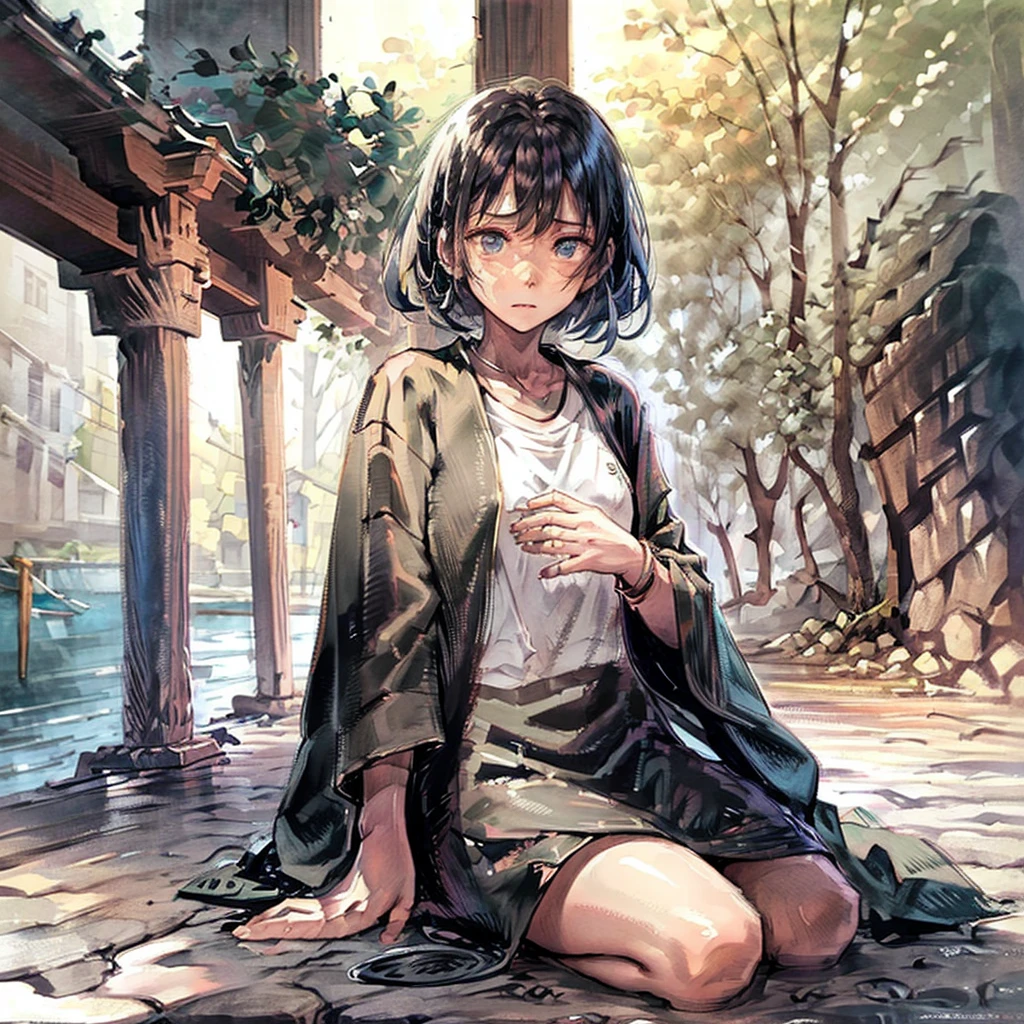 A stunning 8K digital artwork portraying a young Japanese manga girl in her twenties, embodying the essence of anguish and submission. She is depicted with intricate details, her torn clothes and black jilbab contrasting against her delicate features. Her hands are bound by heavy chains, forcing her into a position of vulnerability as she kneels on the unforgiving cobblestone ground in a traditional seiza stance. The agony in her expression is palpable, radiating defeat and helplessness. Surrounding her are onlookers, their gazes a mix of curiosity and indifference, adding to the overwhelming atmosphere of oppression and captivity. This powerful image is a striking interpretation of the intersecting themes of struggle and resilience in the world of manga art.