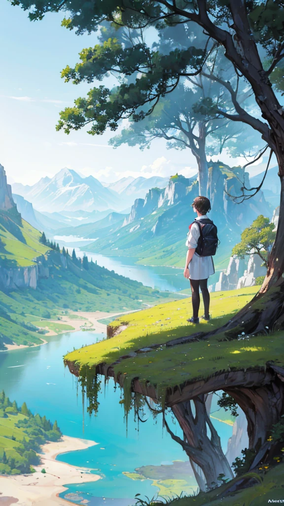 A young adult god, exploring the wonders of his own world, as he sightsees the amazing view of the land, as there was a lake, a forest, and mountains, as he has very black hair and a white skin tone, his clothes being a bit otherworldly yet normal, as he had no bag