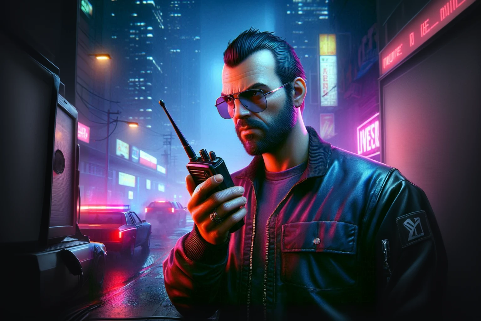 Arafed image of a man in a leather jacket holding a radio., cyberpunk street thug, expired technology. black neo style, black cyberpunk, cyberpunk art style, Hyperrealistic cyberpunk style, ciberpunk 8k, Ultra-realistic 8K cyberpunk art, gta cover art game 2 d, 2d art gta game cover, cyberpunk type, neon cyberpunk, epic masterpiece of microwave art