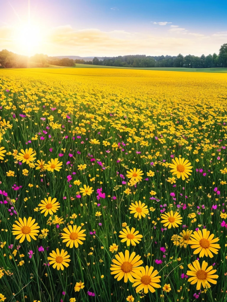 a field of flowers with the sun shining in the background, bright sunny summer day, 🌺 cgsociety, sunny meadow, bright and sunny day, sunny day time, bright summer day, in a sunny day, bright sunny time, beautiful sunny day, on a sunny day, bright sunny day, by Igor Zenin, sunny morning light, beautiful flowers, meadow flowers