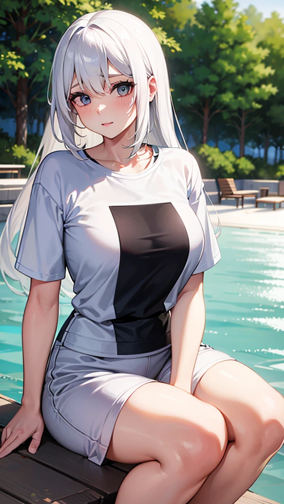 a 28 year old woman with white hair wearing a t-shirt 