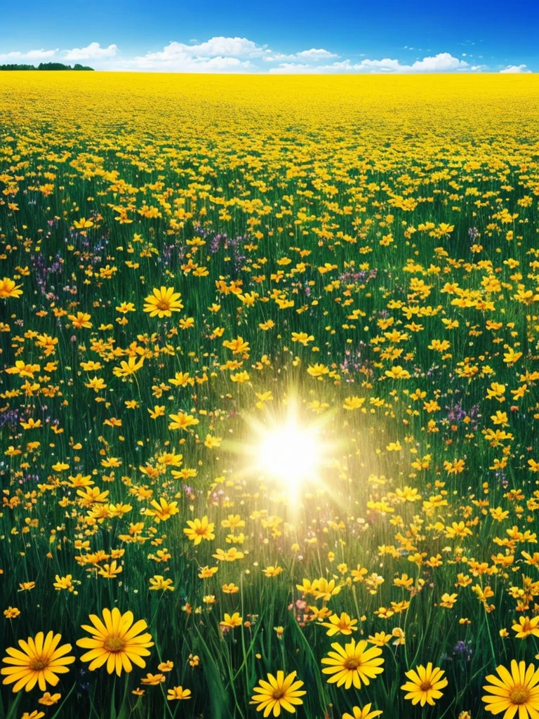 a field of flowers with the sun shining in the background, a picture by Igor Zenin, flickr, conceptual art, bright sunny summer day, 🌺 cgsociety, sunny meadow, bright and sunny day, sunny day time, bright summer day, in a sunny day, bright sunny time, beautiful sunny day, on a sunny day, bright sunny day, sunny morning light