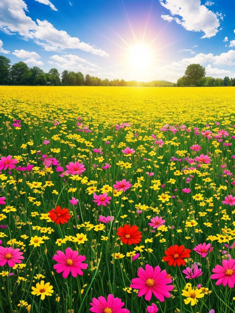 a field of flowers with the sun shining in the background, bright sunny summer day, 🌺 cgsociety, sunny meadow, bright and sunny day, sunny day time, bright summer day, in a sunny day, bright sunny time, beautiful sunny day, on a sunny day, bright sunny day, by Igor Zenin, sunny morning light, beautiful flowers, meadow flowers