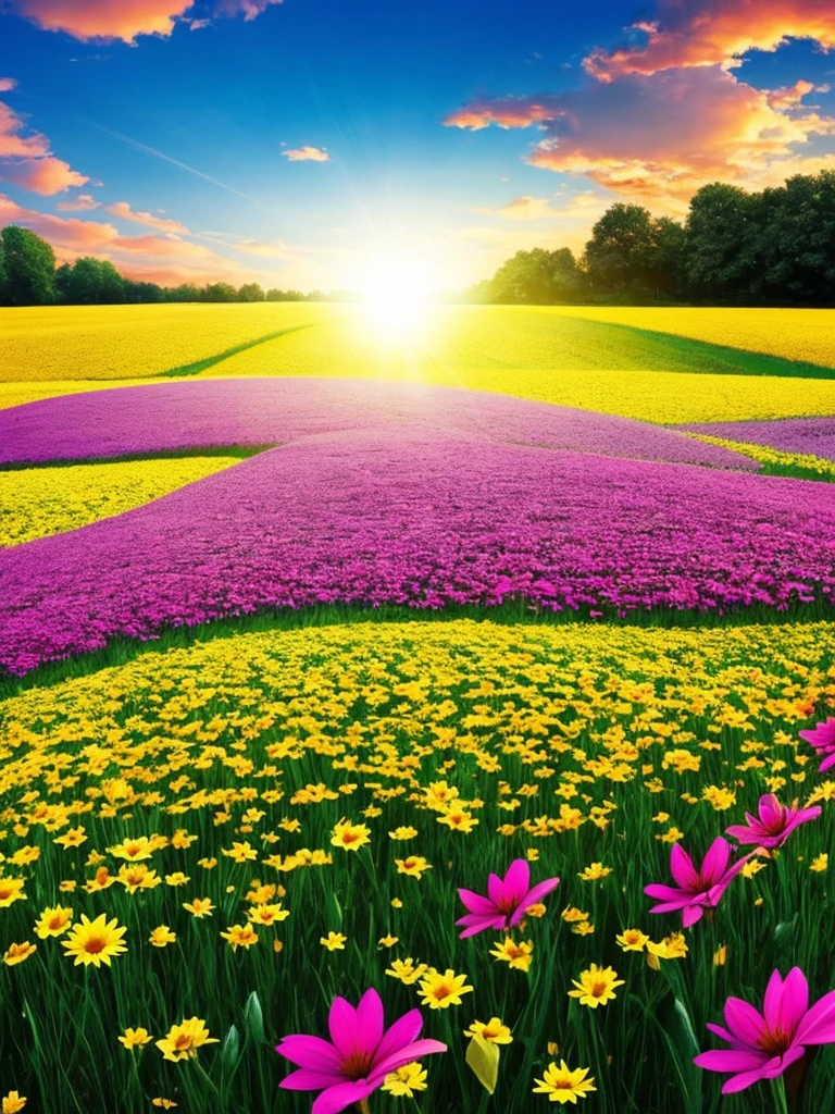 a field of flowers with the sun shining in the background, a picture by Igor Zenin, flickr, conceptual art, bright sunny summer day, 🌺 cgsociety, sunny meadow, bright and sunny day, sunny day time, bright summer day, in a sunny day, bright sunny time, beautiful sunny day, on a sunny day, bright sunny day, sunny morning light
