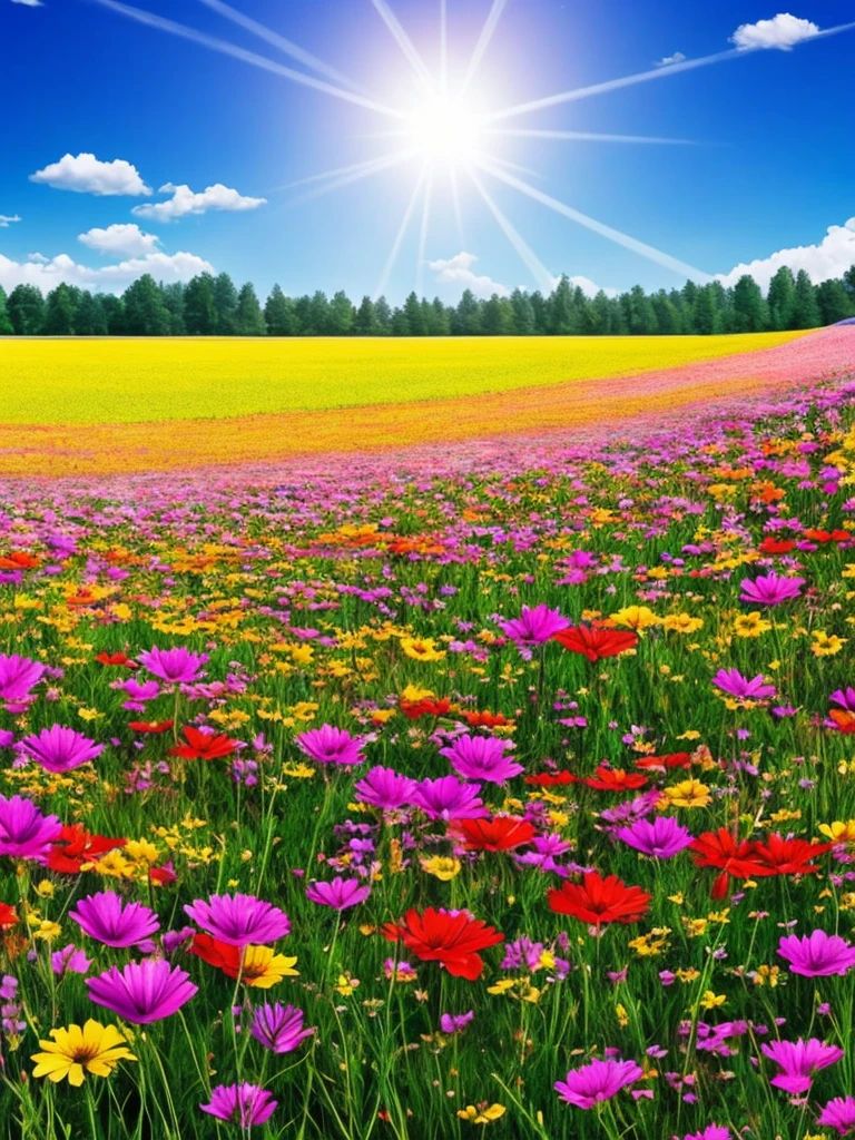 a field of flowers with the sun shining in the background, a picture by Igor Zenin, flickr, conceptual art, bright sunny summer day, 🌺 cgsociety, sunny meadow, bright and sunny day, sunny day time, bright summer day, in a sunny day, bright sunny time, beautiful sunny day, on a sunny day, bright sunny day, sunny morning light