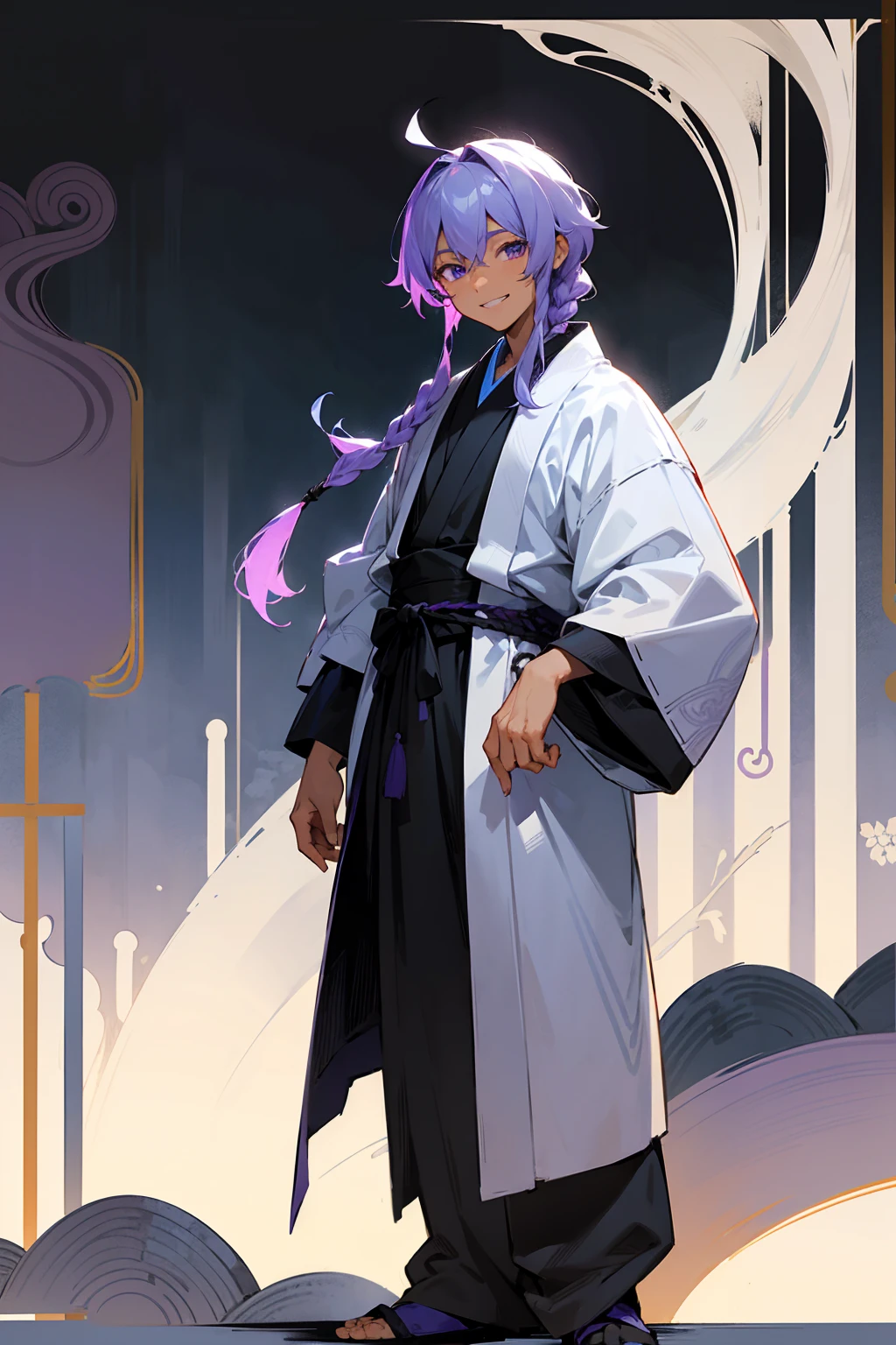 1male, tan skin, teenager, blind eyes, light blue hair, dark purple hair, half blue half purple hair, side braid hair, smiling expression, open black and white ukata, old japanese background, , detailed background, detailed face, standing on path, hand to side