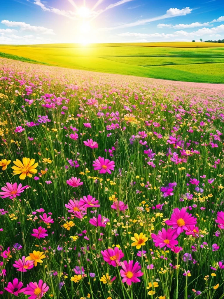 a field of flowers with the sun shining in the background, bright sunny summer day, 🌺 cgsociety, sunny meadow, bright and sunny day, sunny day time, bright summer day, in a sunny day, bright sunny time, beautiful sunny day, on a sunny day, bright sunny day, by Igor Zenin, sunny morning light, beautiful flowers, meadow flowers