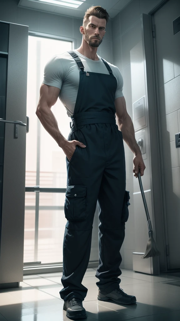 janitor man in full height arms to the sides