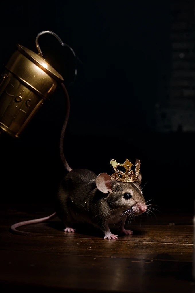 mouse with a crown and lightning behind with a dark background and money