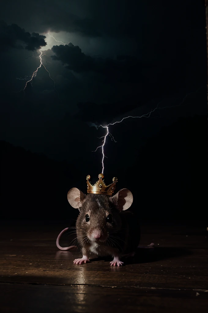 mouse with a crown and lightning behind with a dark background and money