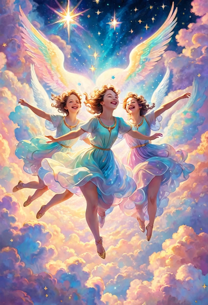 Angels dancing on clouds, joyful, photo from above, glowing in pastel iridescent colors, happiness, joy, sacred, stars, universe