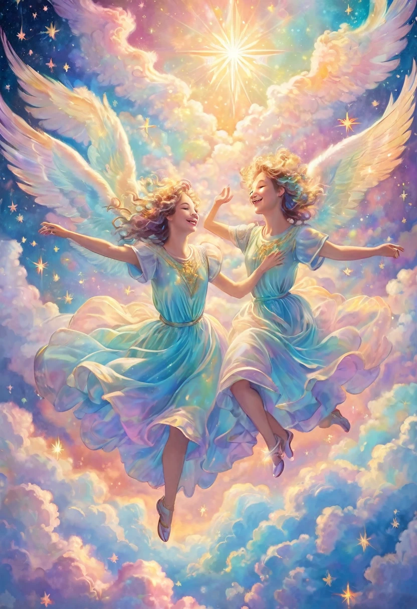 Angels dancing on clouds, joyful, photo from above, glowing in pastel iridescent colors, happiness, joy, sacred, stars, universe
