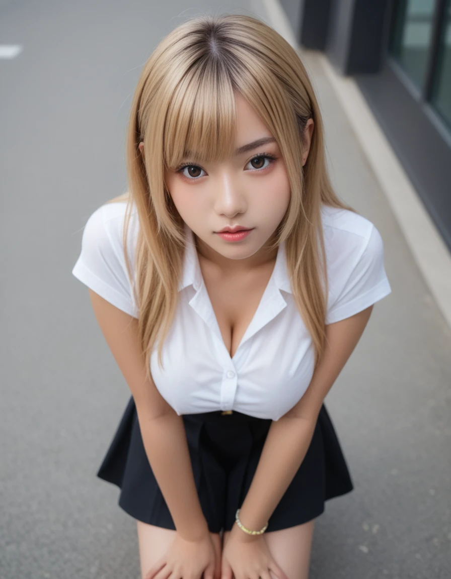 score_9, score_8_up, score_7_up, best quality, masterpiece,realistic eye, big breasts,
Chic gyaru girl featured in a 2010s Japanese gyaru, blonde hair with brown highlights, sharply defined dark eyebrows, sun-kissed bronzed skin,crawling position on their hands and knees, (leaning forward:1.3), (hands on knees:1.3), (from above:1.4)