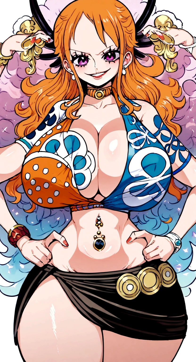 big lips, Nami&#39;s fur(One Piece), pink eyes, japanese face, improve, improve grin, two sides up, huge breasts, Wide hips, sexy, detailed, pink room, Hits, (evil smile1.4), kawaii, nami skirt(One Piece), One Piece, GOOD, nami costume(One Piece), nami skirt(One Piece), nami shirt( One Piece), choker, nami skirt(One Piece), nami shirt (One Piece),navel piercing, cosplay nami (One Piece)