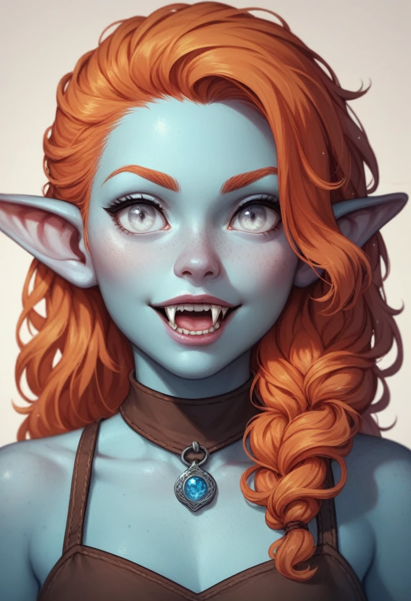 A young girl with azure-blue skin, pixie-sharp ears, and a delicate athletic body. Prominent large fangs and piercing white eyes complete her striking appearance. Her long ginger hair is loose and disheveled. She is dressed in the clothes of a poor farmer in a fantasy world