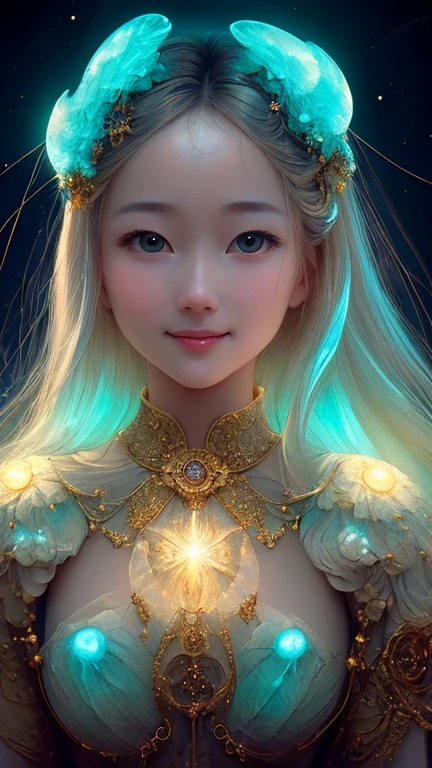 ((Highest quality)), ((masterpiece)), ((Realistic)), Portraiture,虹の女god、Perfect composition, Beautiful details, smile、
One beautiful woman,30 years old、 Celestial, god, 女god, Particles of light surround, Hello, View your audience,
(Bioluminescent:0.95) Ocean, Bioluminescent, Vibrant, colorful, color, (Shineing, Shine),
(Beautiful composition), Cinema Lighting, Complex, (Symmetric:0.5), Whimsical,