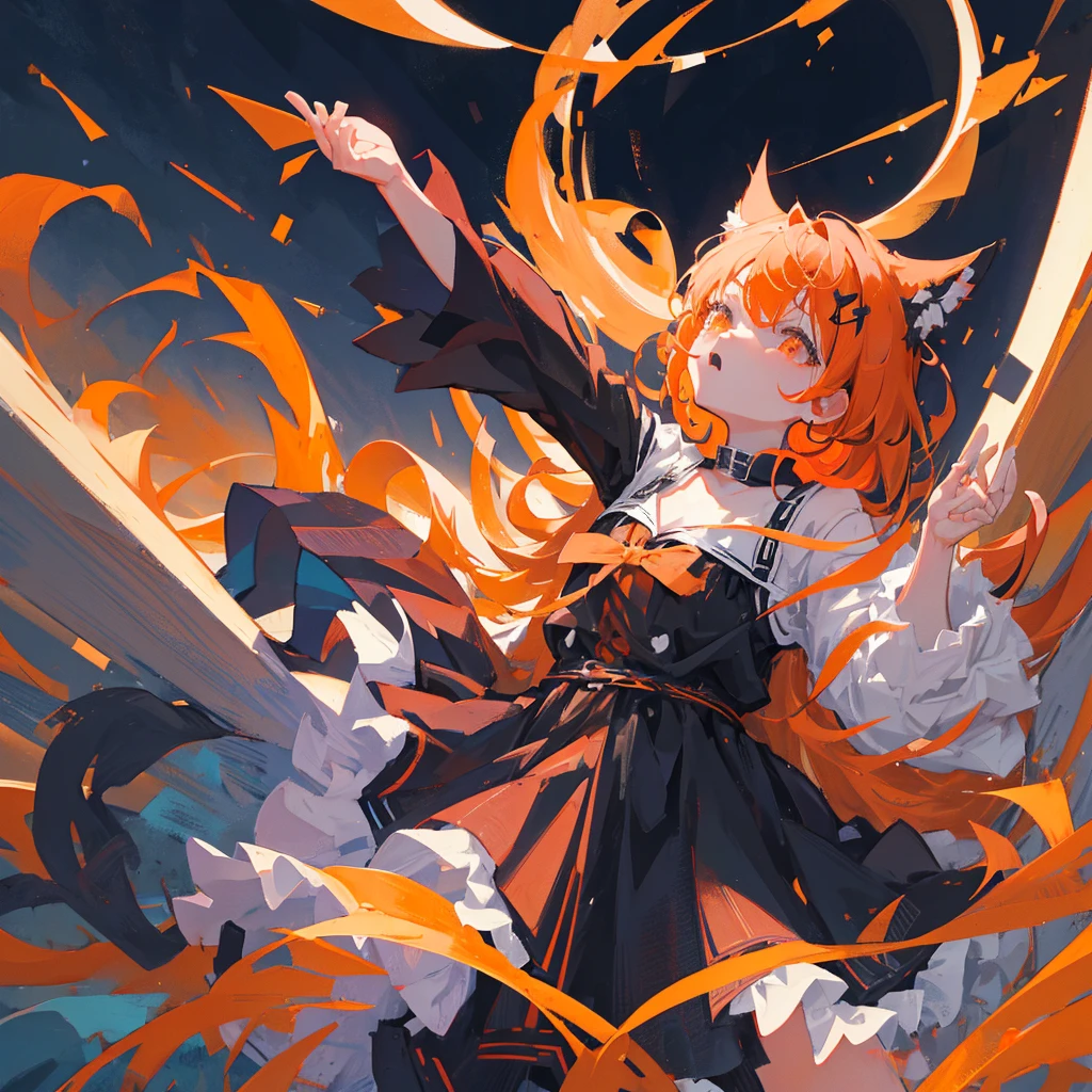 A loli looking up at the stars,black and orange hair,meteor,Black clothes,手中悬浮着一颗meteor,((Pure black background))
