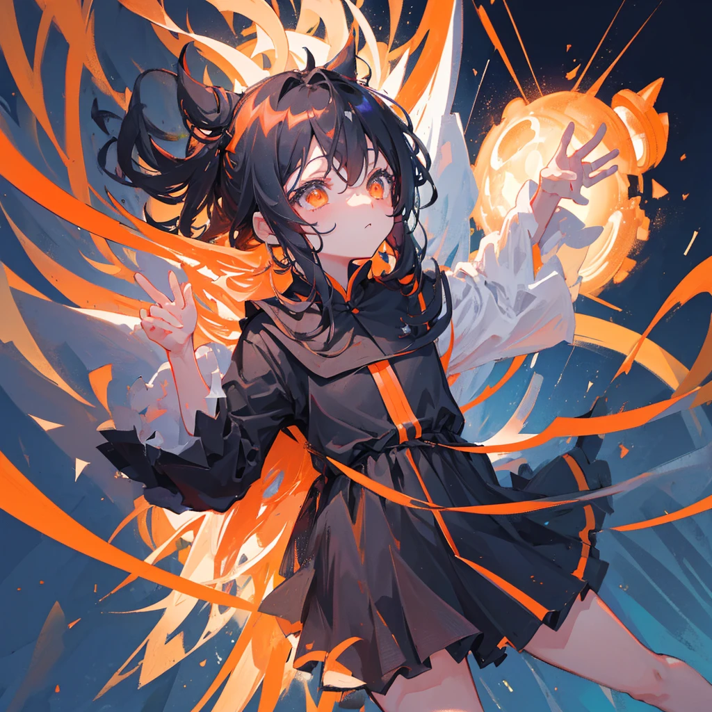 A loli looking up at the stars，black and orange hair，meteor，Black clothes，手中悬浮着一颗meteor，((Pure black background))