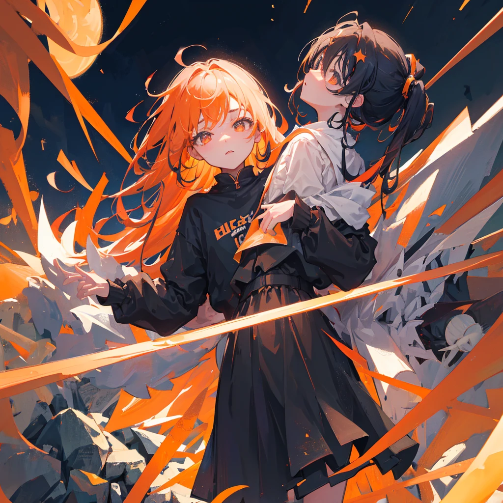 A loli looking up at the stars,black and orange hair,meteor,Black clothes,手中悬浮着一颗meteor,((Pure black background))