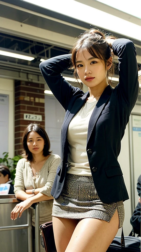 (half-smile:1.5),(at train station:1.5),(arms up:1.3),(Blazer:1.2),(Leather skirt:1.2),(high ponytail:1.2),(8k, RAW photos, top quality), (realistic: 1.37), one woman, very beautiful woman, kind eyes, (anatomically correct representation of the human body:1.5), beautiful face, well-shaped breasts, constricted waist, small buttocks, supple legs,slim lower body, slim whole body, A woman who fascinates a man,