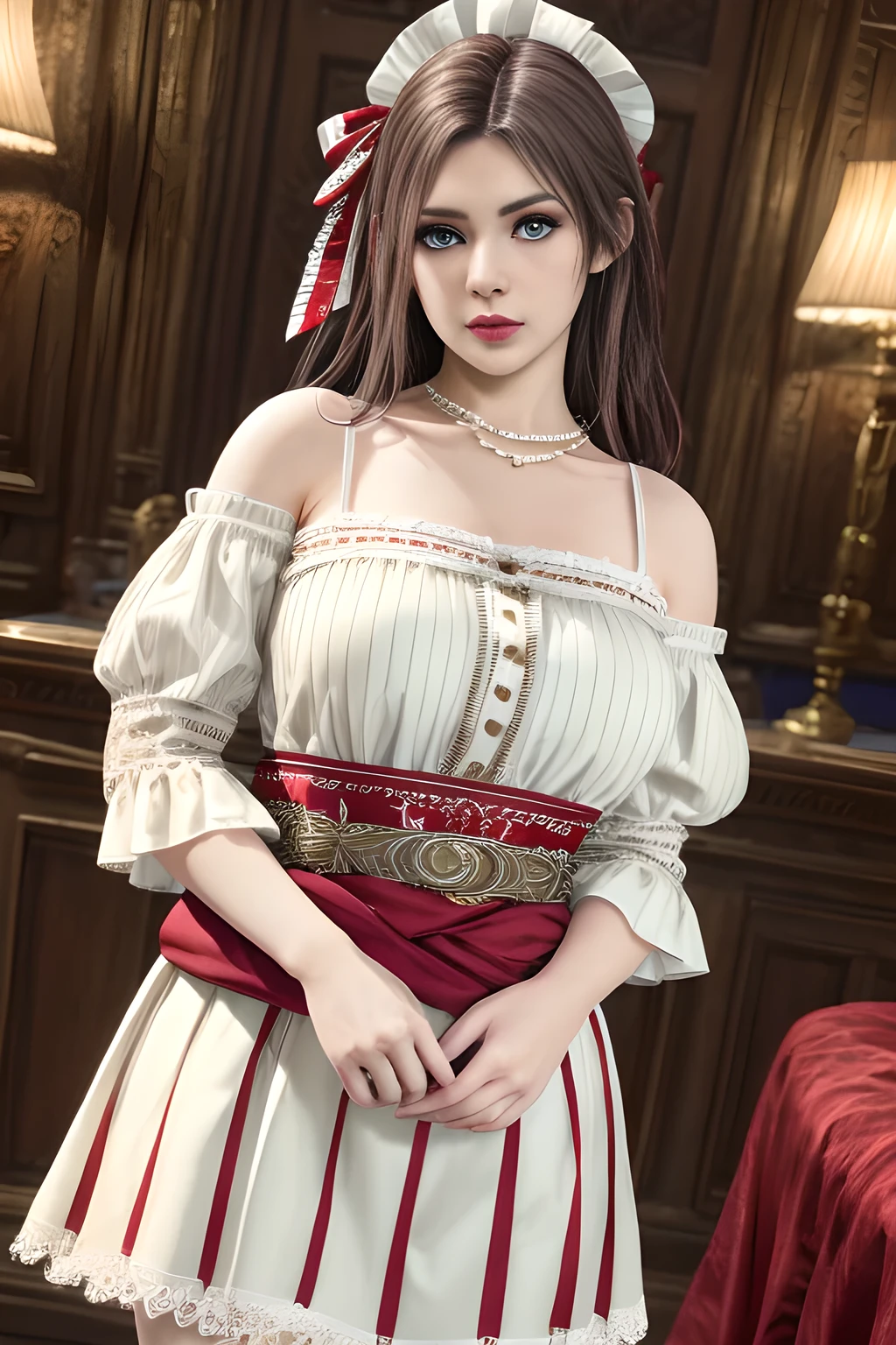 1girl,wearing a traditional-style outfit with a rich historical and folk-inspired aesthetic. Her white blouse features ruffled details and intricate embroidery, with red and white striped sleeves and ribbon embellishments on the upper arms. The red skirt is adorned with pleats and lace trims, and a brown belt with floral decorations and tassels wraps around her waist, adding a touch of authenticity to the look. The overall outfit exudes a sense of timeless charm and cultural heritage, ,beautiful detailed eyes, beautiful detailed lips, extremely detailed eyes and face, long eyelashes, (best quality,4k,8k,highres,masterpiece:1.2), ultra-detailed, (realistic,photorealistic,photo-realistic:1.37), sharp focus, vivid colors, HDR, studio lighting, physically-based rendering,elise
