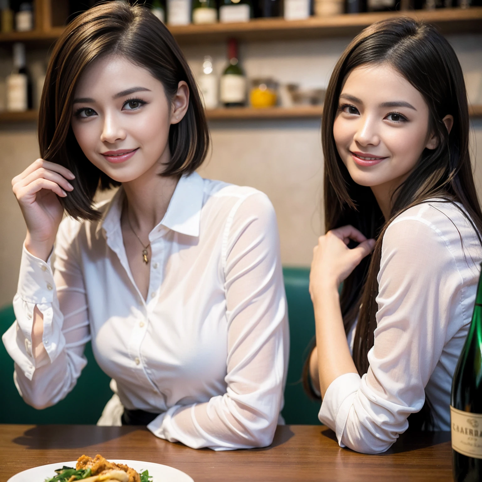 ((Highest quality、8K、masterpiece:1.3))、1 male、1 female、slimなCouple、spouse、Couple、The body is slim、((Bob Hale、Straight hair:1.2)), (Realistic, Intricate details:1.2), フルコースディナーテーブルの上のwine glass、Shine light on your face、 Amazing view of the sunset sky and clouds、A bright smile、The wonderfulness of smile、Bright image、The beauty of wine, Beautiful Face, blue eyes, The light shines on your face, Blushing, short hair,Bright Face、 (Age 37), 39 years old, red wine 、Appetizers、Italian food、Wine bottle、Champagne、sparkling wine、Two beauties、Brown Hair、Shortcuts、Long sleeve shirt、dress、Beautiful woman 1, (slimな顔), (The body is slim), (Brown Hair), (Shortcuts), cheeks turn a little red,Attractive beauty、restaurant, In a prominent place (From the waist up) Nova Frog Style, actress, model, Upper Body, White wine, slim, wine glass, 中央に置かれたwine glass, smile, (smile: 1.15), Beautiful fine grain, Depth f/2,saturation, High Contrast, Strong light and shadow,Moist Body:1.5、3D texture、Delicate eyes、Brown Hair、The hair is very shiny、pink