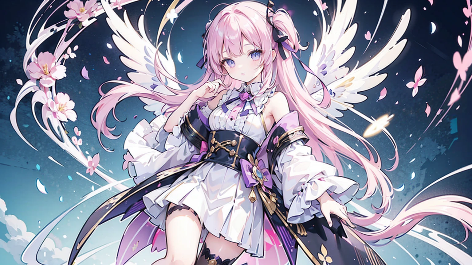 ( high quality , Super detailed, Watch your hands )This character is a beautifully designed anime-like character with delicate features. She has long, pastel pink hair that flows down to her ankles, with bangs swept to the side. Her eyes are large and expressive, with pink irises, which are commonly seen in anime-style characters. She is wearing a fantasy-inspired outfit that combines purple and black colors with gold accents. The outfit includes a form-fitting bodice with a high collar, frills, lace details, and thigh-high stockings with ribbon lacing. The character is adorned with ribbon-like accessories, such as a large bow in her hair and smaller bows on her outfit. She also has gold chains hanging from her waist and thigh. Her pose is playful, with one leg lifted slightly and a finger held to her lips, suggesting a secret or silence. Additionally, she has two elaborate wings, possibly mechanical or magical in nature, with multiple segments and a circular design near the base. The character is depicted in a vibrant scene with flowers matching her hair color, patches of grass, and a gemstone on the ground, creating a whimsical and otherworldly atmosphere.Chibi Character