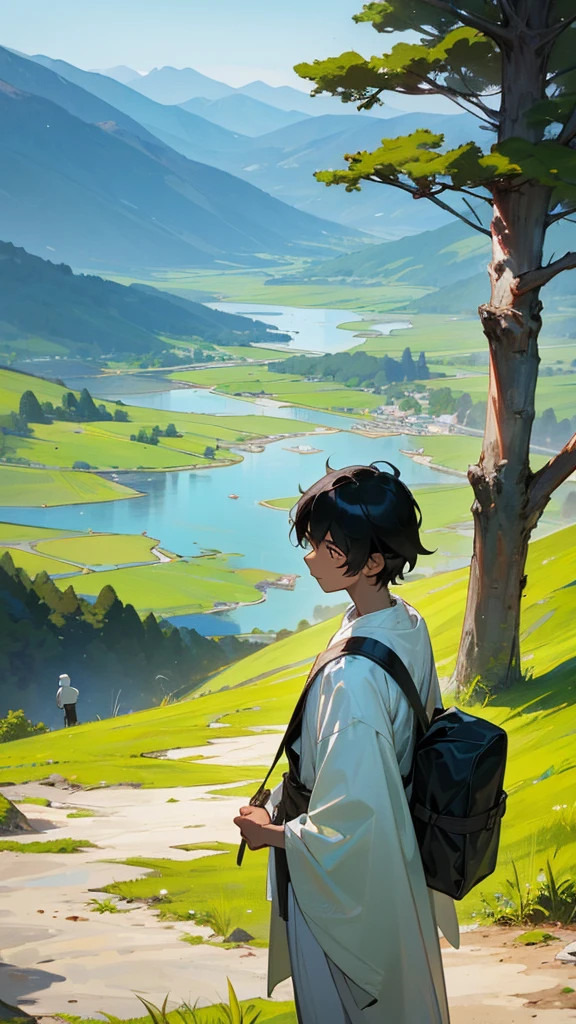 A young adult god, exploring the wonders of his own world, as he sightsees the amazing view of the land, as there was a lake, a forest, and mountains, as he has very black hair and a white skin tone, his clothes being a bit otherworldly yet normal, as he had no bag