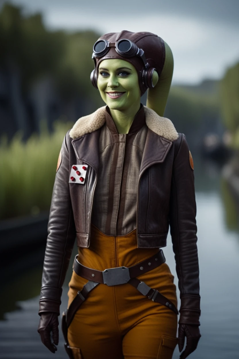 cinematic film still hera syndulla, (green skin:1.2), grin at canal, full body shot, highly detailed environment . shallow depth of field, vignette, highly detailed, high budget Hollywood movie by baz luhrmann, bokeh, cinemascope, moody, epic, gorgeous, film grain, grainy