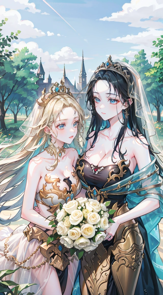 beautiful woman,Folk Girl,blonde with blue eyes,Twist,Wear a strapless wedding dress with no straps.,countryside,countryside,beautiful scenery,European Middle Ages,smile with teeth,forehead,forehead exposed,big tits,rift, (2 young women ,beautiful woman)