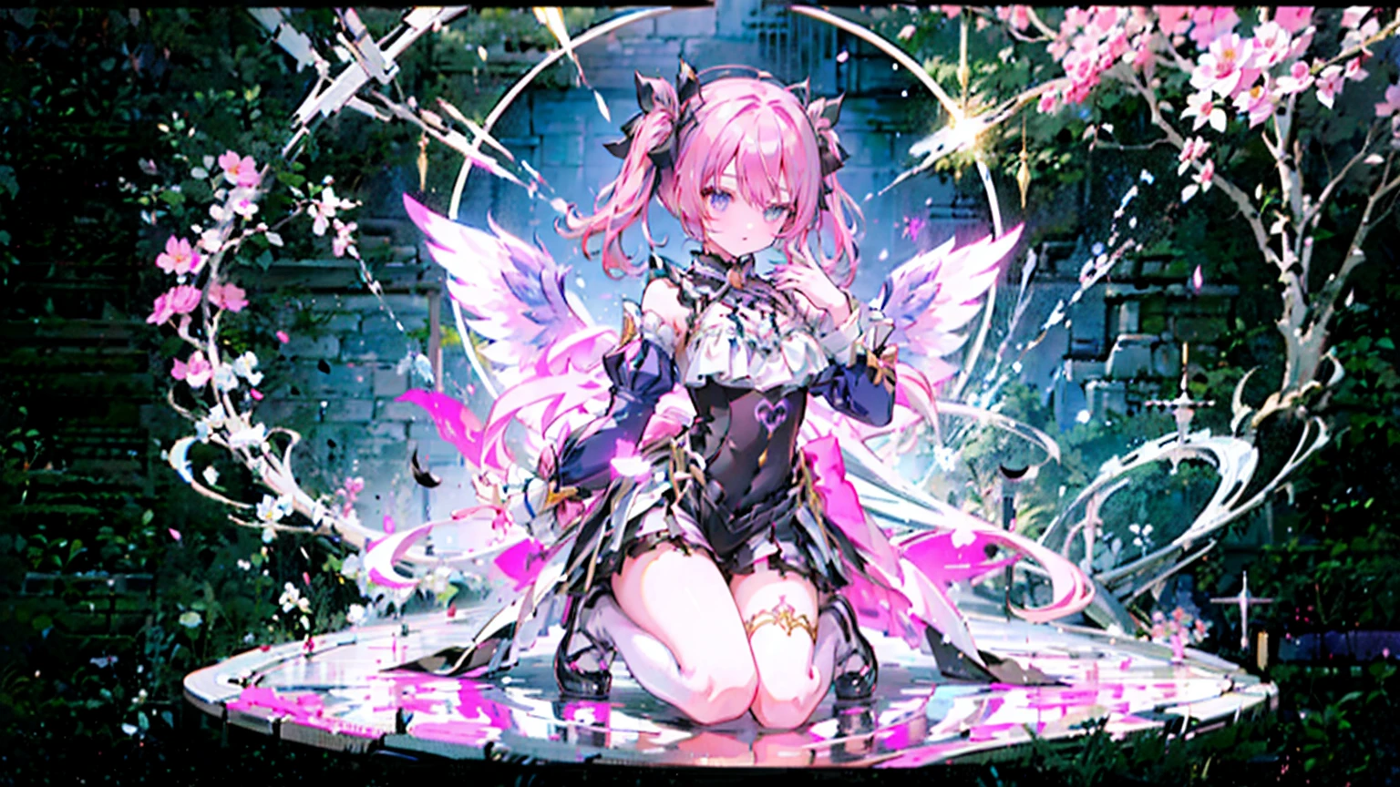 ( high quality , Super detailed, Watch your hands )This character is a beautifully designed anime-like character with delicate features. She has long, pastel pink hair that flows down to her ankles, with bangs swept to the side. Her eyes are large and expressive, with pink irises, which are commonly seen in anime-style characters. She is wearing a fantasy-inspired outfit that combines purple and black colors with gold accents. The outfit includes a form-fitting bodice with a high collar, frills, lace details, and thigh-high stockings with ribbon lacing. The character is adorned with ribbon-like accessories, such as a large bow in her hair and smaller bows on her outfit. She also has gold chains hanging from her waist and thigh. Her pose is playful, with one leg lifted slightly and a finger held to her lips, suggesting a secret or silence. Additionally, she has two elaborate wings, possibly mechanical or magical in nature, with multiple segments and a circular design near the base. The character is depicted in a vibrant scene with flowers matching her hair color, patches of grass, and a gemstone on the ground, creating a whimsical and otherworldly atmosphere.Chibi Character