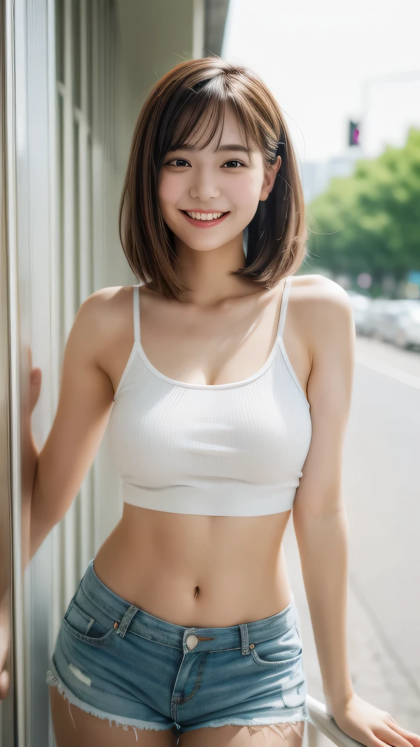 Enhanced Dynamic Perspective,Cute pretty beautiful girl,Tube top,Shorts、Look at me and smile,Simple Background,Masterpieces,high quality,4K resolution,Ultra-fine,More about pubic hair,Accurate,Cinema Lighting,Keep the original face proportions、(Big ample breasts)
