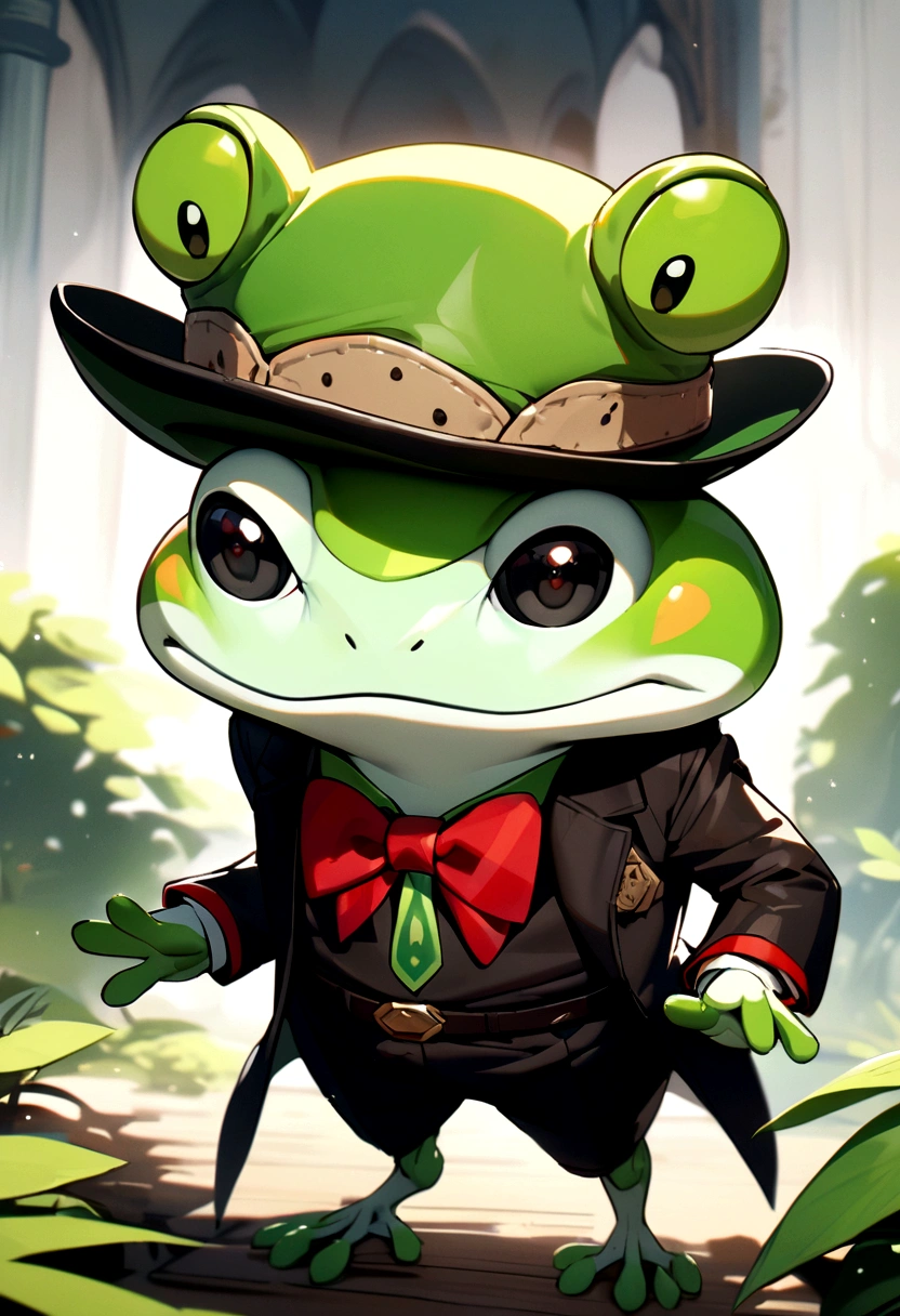 Tall, cute, bipedal green and white frog with black eyes, black cowboy hat, green hat tie, red bow tie.