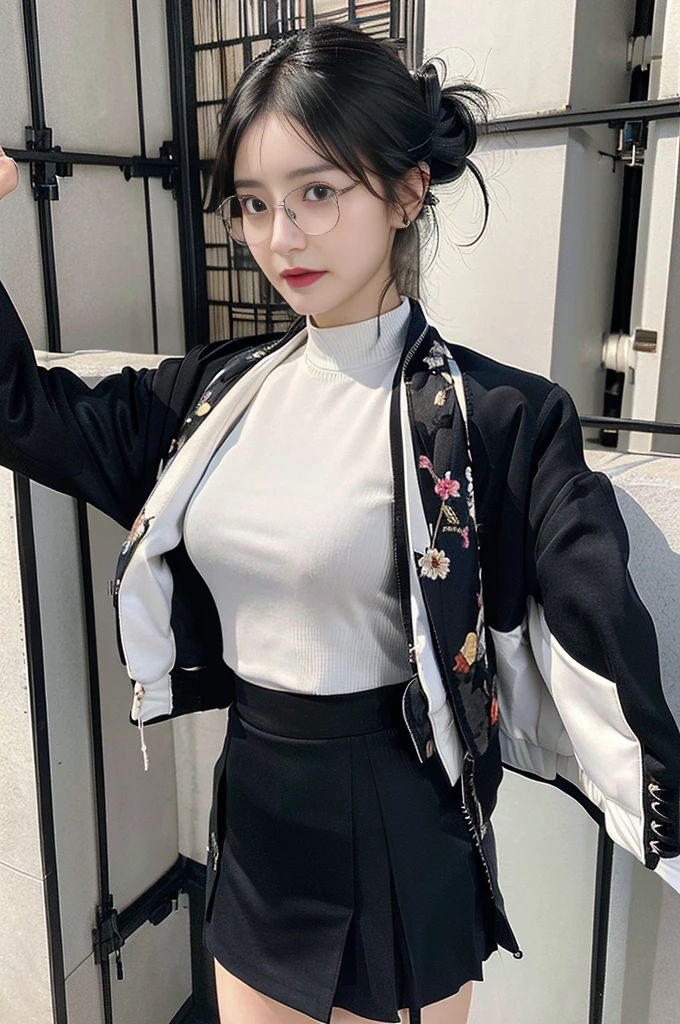 (masterpiece), (Highest quality), (High resolution), detailed, (複雑なdetailed 1.2), (Hyper detailed 1.4), (Gorgeous Digital Art 1.2), One girl, Mature Woman, masterpiece, Mistress showing her bra, goddess,Hair tied up on top of head ,((Black Hair)),Glasses, (Tight Skirt:1.3),(Taking off his jacket:1.5)