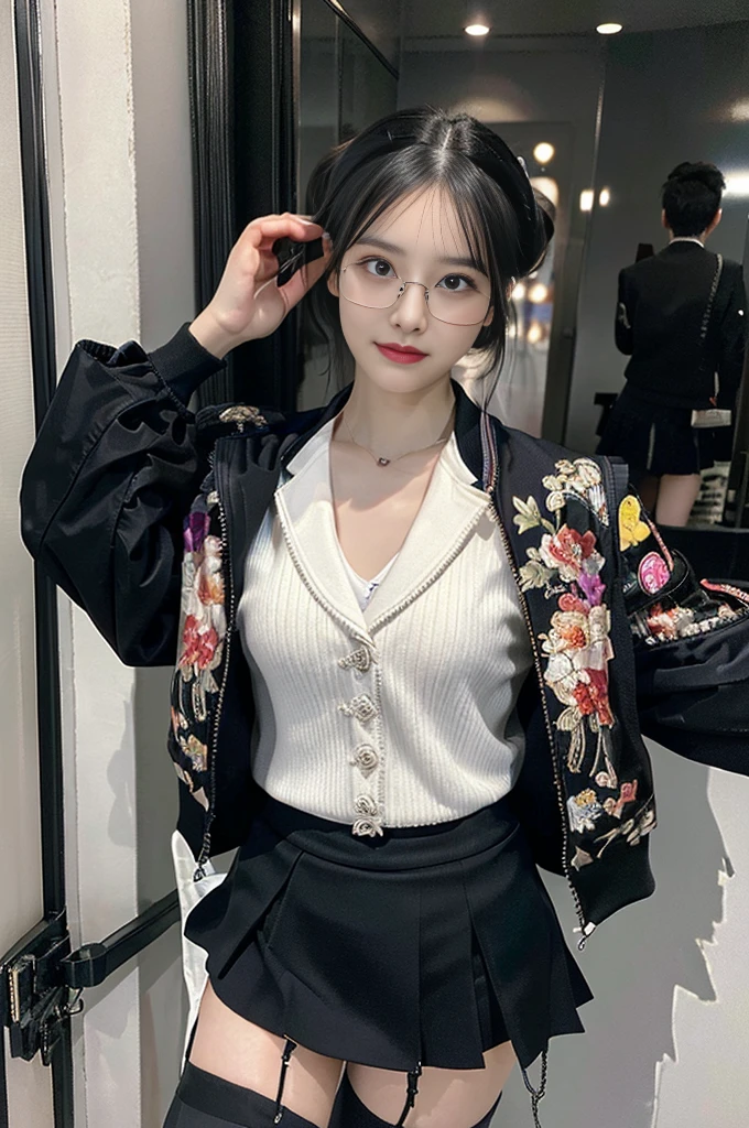 (masterpiece), (Highest quality), (High resolution), detailed, (複雑なdetailed 1.2), (Hyper detailed 1.4), (Gorgeous Digital Art 1.2), One girl, Mature Woman, masterpiece, Mistress showing her bra, goddess,Hair tied up on top of head ,((Black Hair)),Glasses, (Tight Skirt:1.3),(Taking off his jacket:1.5)