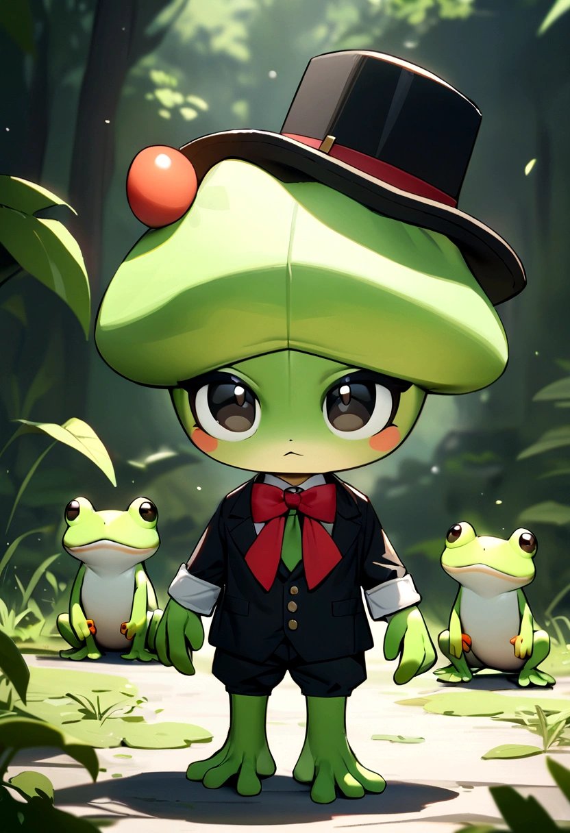 Tall, cute, bipedal green and white frog with black eyes, black cowboy hat, green hat tie, red bow tie.