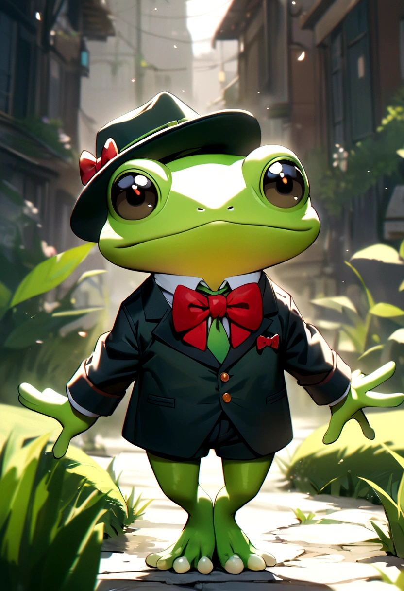 Tall, cute, bipedal green and white frog with black eyes, black cowboy hat, green hat tie, red bow tie.