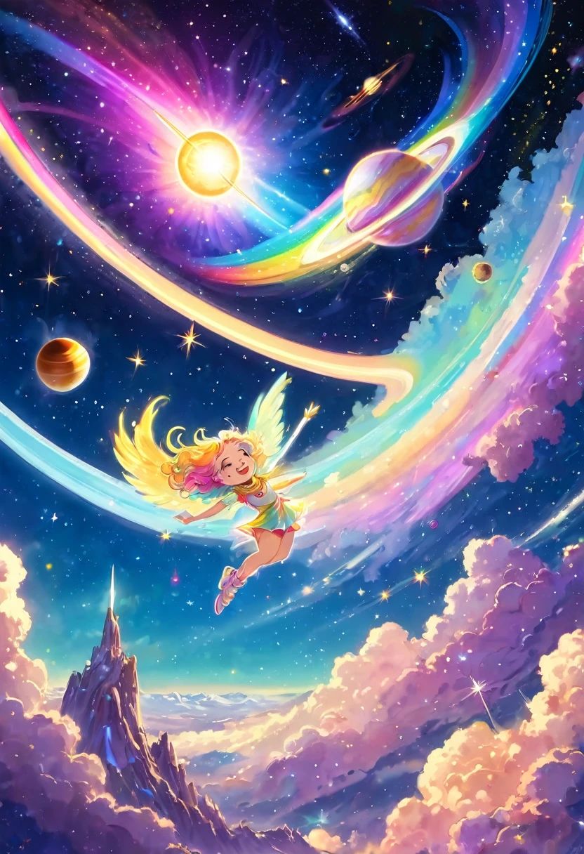 Angel flying happily near the Milky Way, outer space, pastel rainbow lights, joy, Saturn, Earth, sun, shooting stars