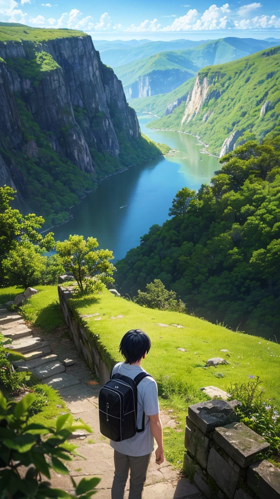 A young adult god, exploring the wonders of his own world, as he sightsees the amazing view of the land, as there was a lake, a forest, and mountains, as he has very black hair and a white skin tone, his clothes being a bit otherworldly yet normal, as he had no bag
