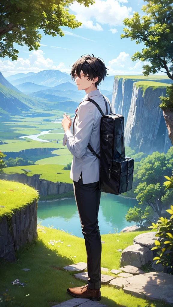 A young adult god, exploring the wonders of his own world, as he sightsees the amazing view of the land, as there was a lake, a forest, and mountains, as he has very black hair and a white skin tone, his clothes being a bit otherworldly yet normal, as he had no bag