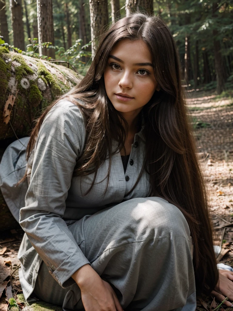 Beautiful young girl in the forest, with long hair, a big gray wolf sits nearby