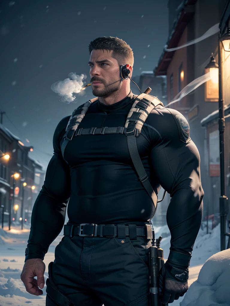 Dark gothic village in the background, old Chris Redfield from Resident Evil 8, 48 year old, muscular male, tall and hunk, biceps, abs, chest:1.6, (muscle:1.7), no top clothes, topless, long sleeves, black trousers, shoulder holster, earpiece, belt, thick beard, cold face, cigarette in mouth, smoke, video games style, high resolution:1.2, best quality, masterpiece, dark nightime, dark atmosphere, winter, snowing, shadow, upper body shot