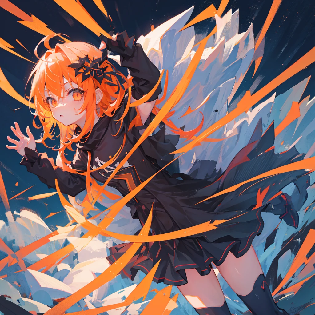 A loli looking up at the stars，black and orange hair，meteor，Black clothes，手中悬浮着一颗meteor，((Pure black background))