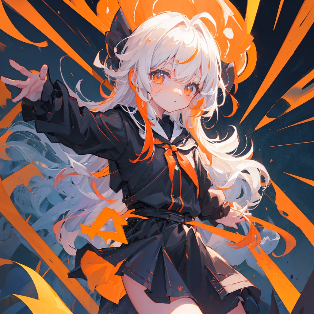 A loli looking up at the stars,black and orange hair,meteor,Black clothes,手中悬浮着一颗meteor,((Pure black background))
