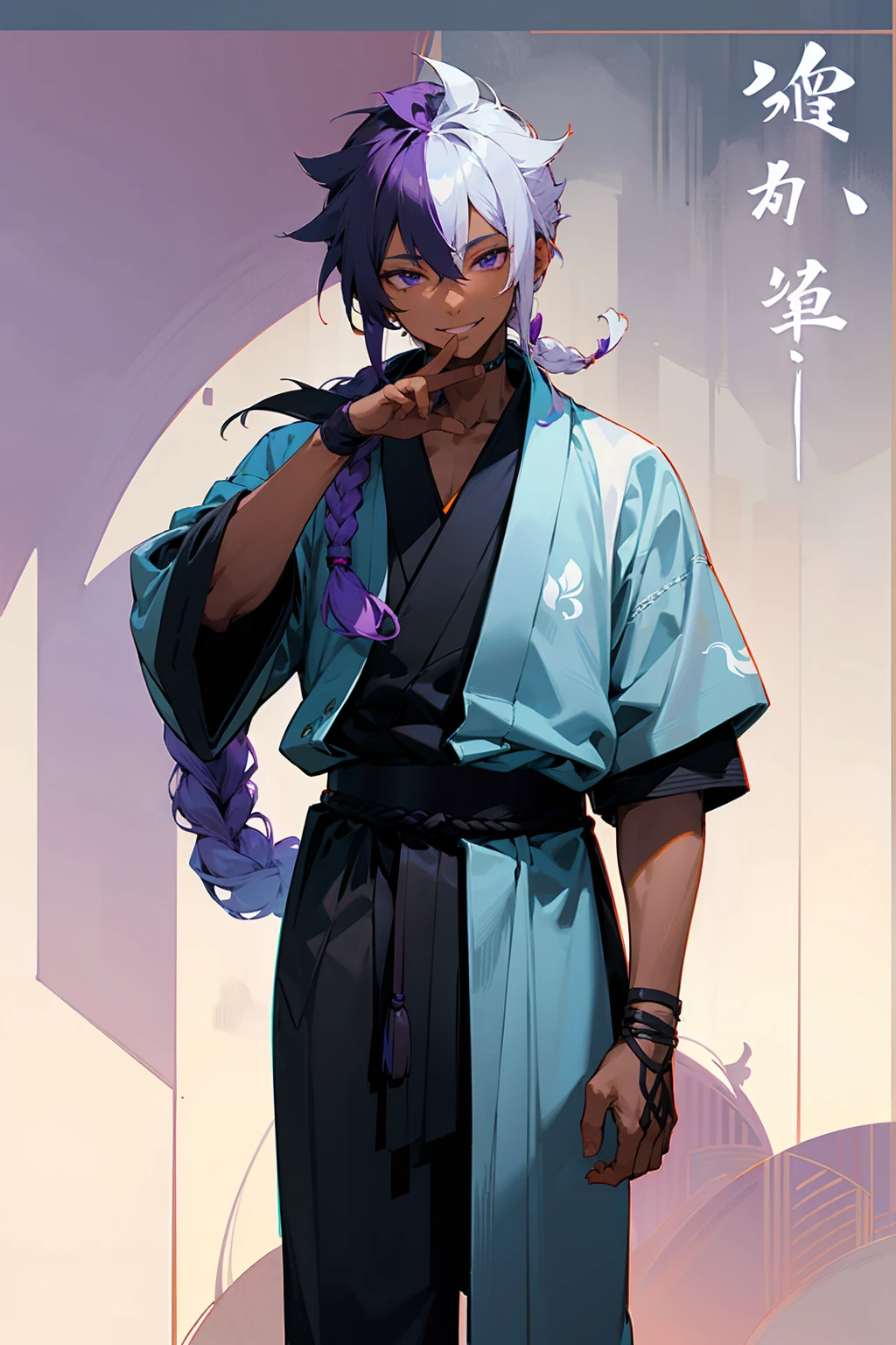 1male, tan skin, ager, blind eyes, light blue hair, dark purple hair, half blue half purple hair, one braid in back, smiling expression, open black and white ukata, old japanese background, , detailed background, detailed face, standing on path, hand to side
