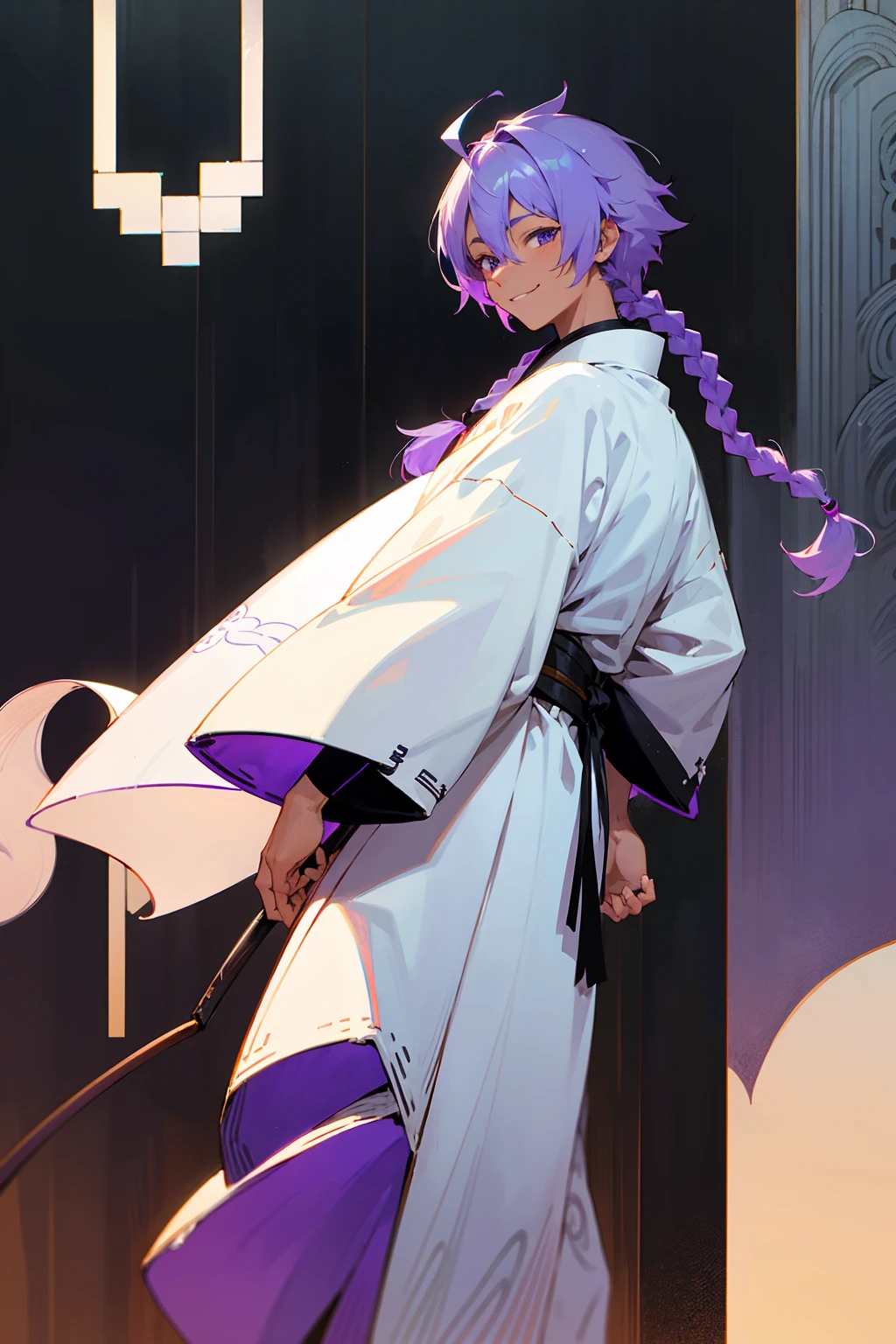 1male, tan skin, ager, blind eyes, light blue hair, dark purple hair, half blue half purple hair, one braid in back, smiling expression, open black and white ukata, old japanese background, , detailed background, detailed face, standing on path, hand to side