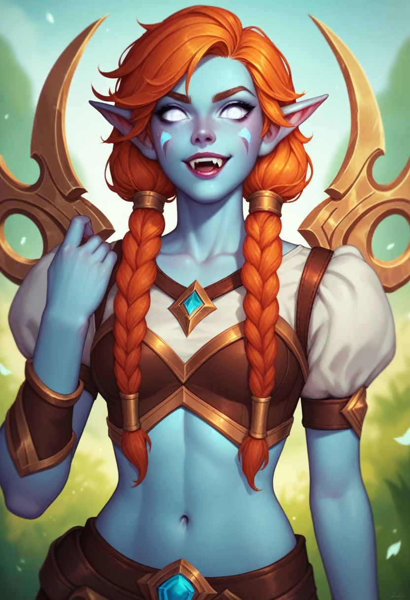 League of Legends, A young girl with azure-blue skin, pixie-sharp ears, and a delicate athletic body. Prominent large fangs and piercing white eyes complete her striking appearance. Her long ginger hair is loose and disheveled. She is dressed in the clothes of a poor farmer in a fantasy world